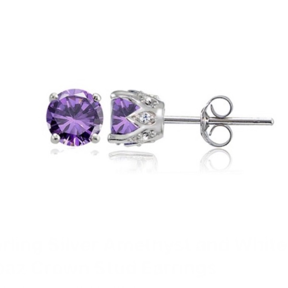 *SOLD*🆕Thailand FAS Sterling Silver Amethyst and White Topaz Crown Stud Earrin - Picture 1 of 12